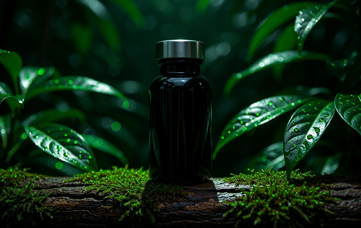 HerbalMen Vitality bottle in a tropical botanical setting