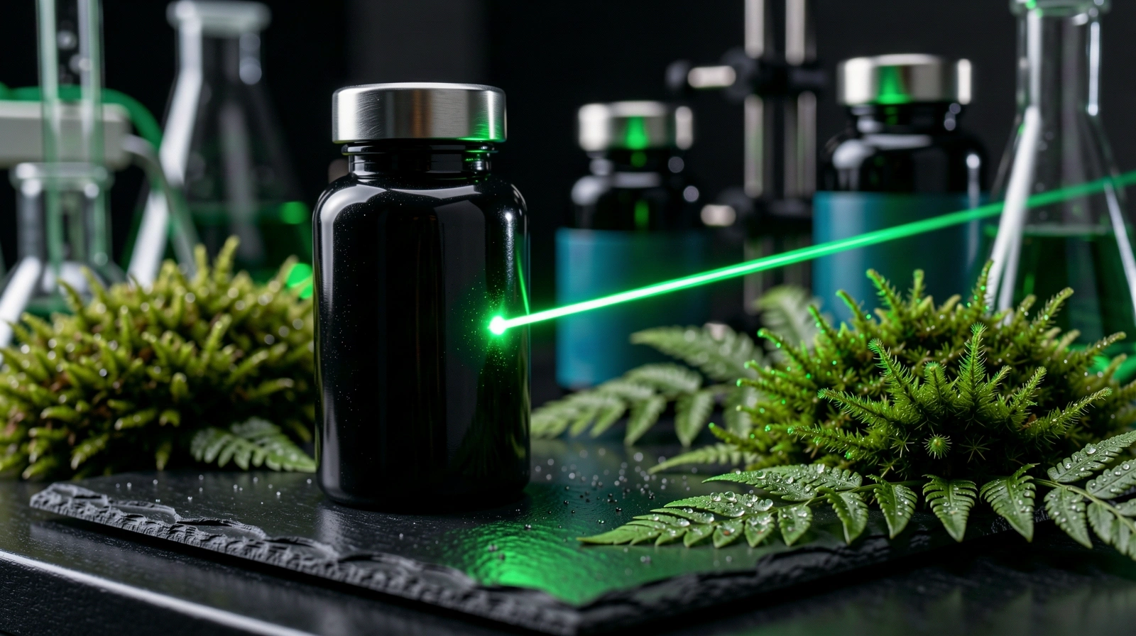 Premium botanical supplement packaging in a rainforest laboratory setting